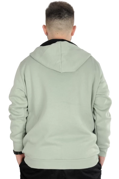Mode XL Erkek Sweatshirt Kapşonlu Zippered Basic 20543 Su Yeşili - Resim 3