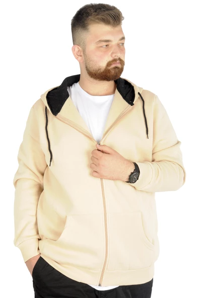Mode XL Erkek Sweatshirt Kapşonlu Zippered Basic 20543 Bej ürün görseli