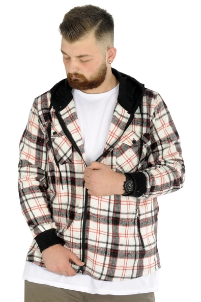 Mode XL Erkek Sweat Fermuarlı Kapşonlu Kapak Cep Oduncu 21572 Ekru - 4