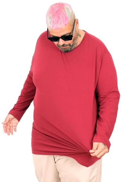 Mode XL Büyük Beden Erkek Tshirt Likralı Bisiklet Yaka 20102 Bordo - Resim 8