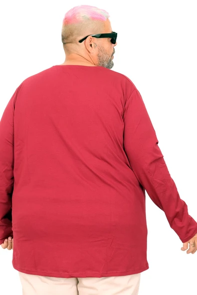 Mode XL Büyük Beden Erkek Tshirt Likralı Bisiklet Yaka 20102 Bordo - Resim 10