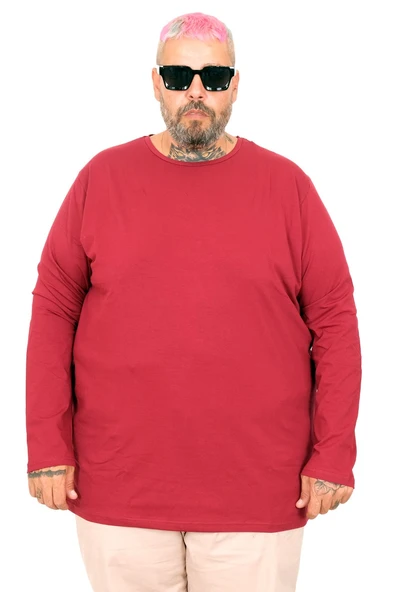 Mode XL Büyük Beden Erkek Tshirt Likralı Bisiklet Yaka 20102 Bordo - Resim 7