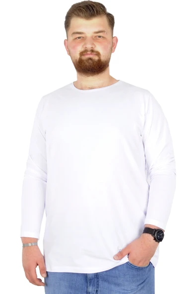 Mode XL Büyük Beden Erkek Tshirt Likralı Bisiklet Yaka 20102 Beyaz - Resim 3