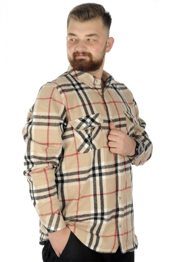 Mode XL Erkek Ekose Gömlek U Kol Oduncu 21393 Bej - 2