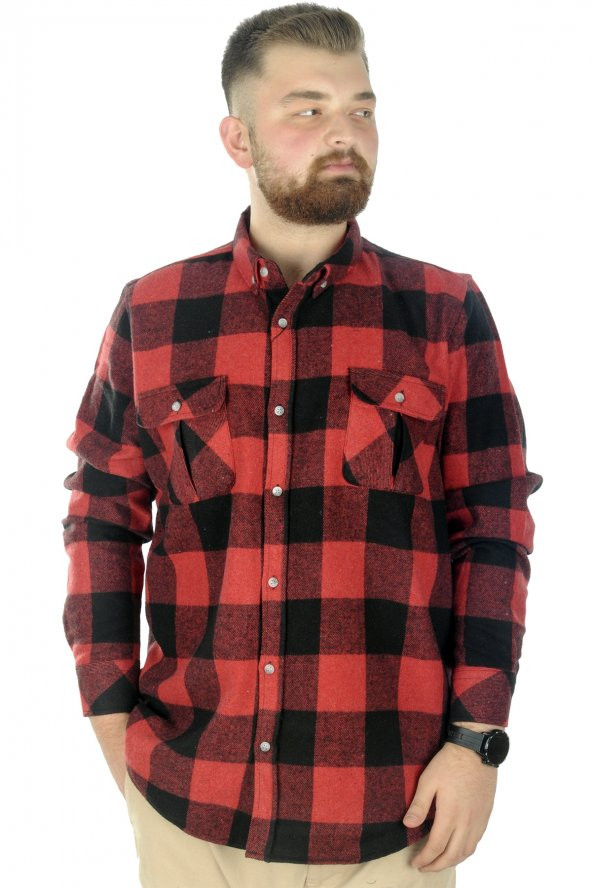 Mode XL Erkek Ekose Gömlek U Kol Oduncu 21393 Kırmızı