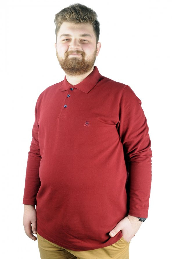 Mode XL Büyük Beden Tshirt Polo Classic U.Kol Nakışlı 22445 Bordo - 4