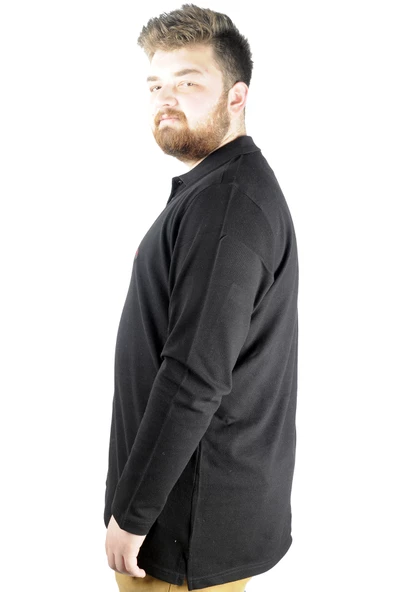 Mode XL Büyük Beden Tshirt Polo Classic U.Kol Nakışlı 22445 Siyah - 2