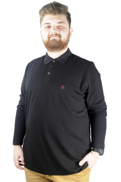 Mode XL Büyük Beden Tshirt Polo Classic U.Kol Nakışlı 22445 Siyah - 8