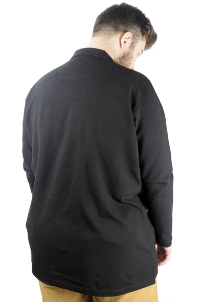 Mode XL Büyük Beden Tshirt Polo Classic U.Kol Nakışlı 22445 Siyah - 3