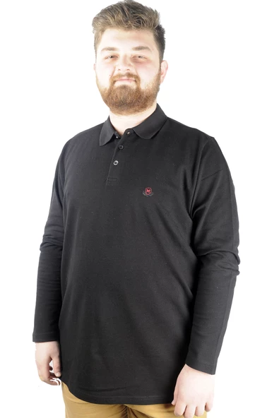 Mode XL Büyük Beden Tshirt Polo Classic U.Kol Nakışlı 22445 Siyah - 5