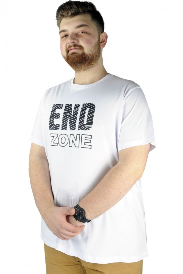 Mode XL Büyük Beden Erkek T shirt Bis Yaka End Zone 22105 Beyaz