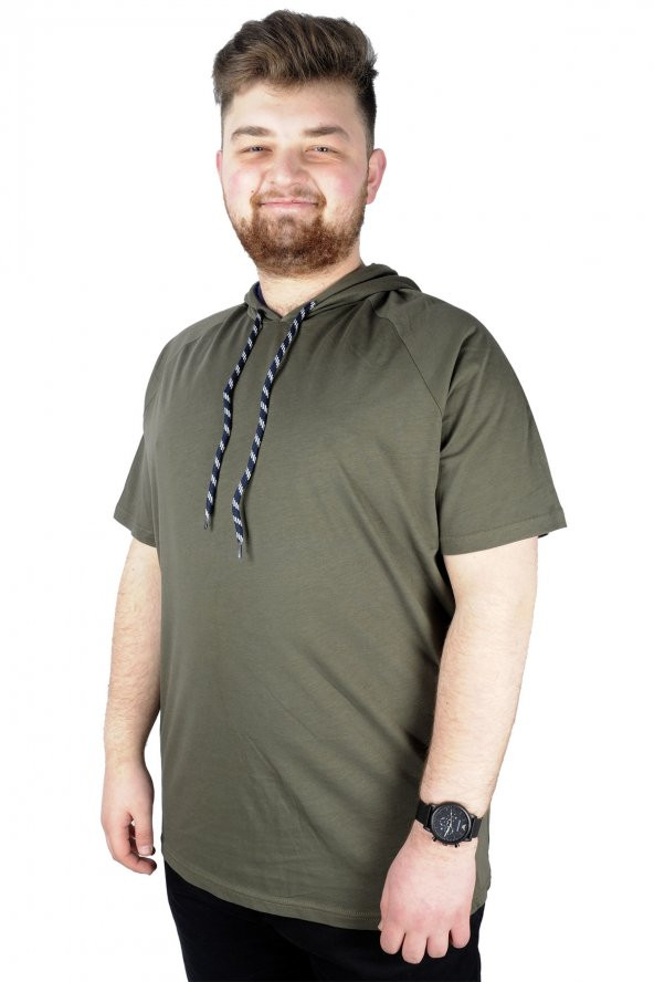 Mode XL Büyük Beden Tshirt Reglan Kapşonlu 22117 Haki