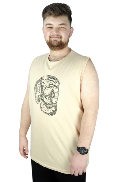 Mode XL Büyük Beden Erkek Kolsuz Tshirt Skull 22124 Bej - Resim 4