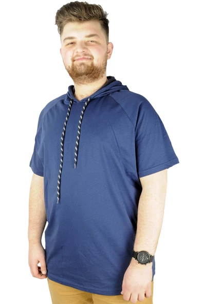 Mode XL Büyük Beden Tshirt Reglan Kapşonlu 22117 Indigo - Resim 4