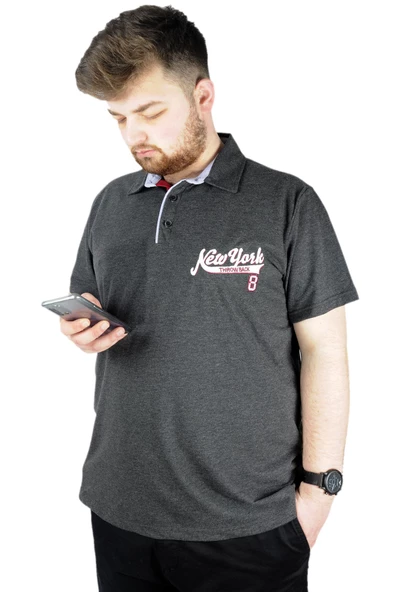 Mode XL Erkek T shirt Polo New York Throwback 22302 Antramelanj - Resim 4