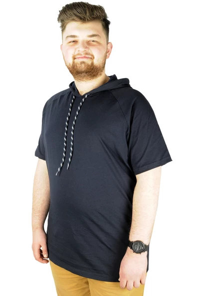 Mode XL Büyük Beden Tshirt Reglan Kapşonlu 22117 Lacivert - Resim 4