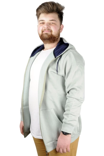 Mode XL Erkek Sweatshirt Kapşonlu Zippered Basic 20543 Yeşil