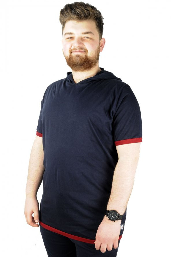 Mode XL Erkek T shirt Kapşonlu Sweep Check 22136 Lacivert