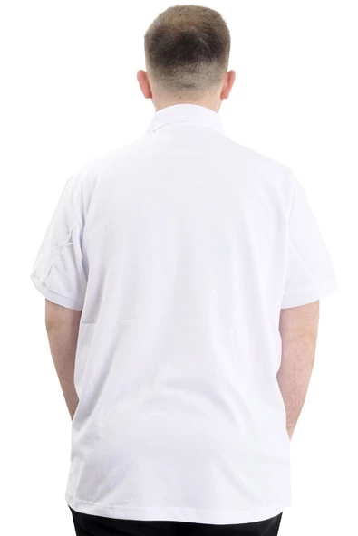 Mode XL Battal Beden Erkek Tshirt Polo Yaka Cepli Klasik Pike 20552 Beyaz - Resim 4