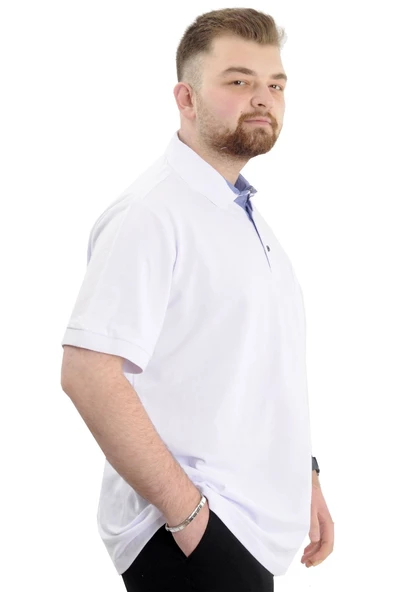 Mode XL Battal Beden Erkek Tshirt Polo Yaka Cepli Klasik Pike 20552 Beyaz - Resim 3