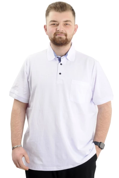 Mode XL Battal Beden Erkek Tshirt Polo Yaka Cepli Klasik Pike 20552 Beyaz ürün görseli