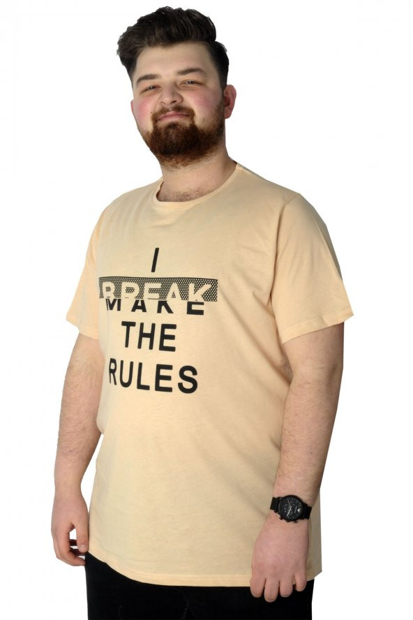 Mode XL Erkek T shirt Baskılı Break Make The Rules 22150 Bej