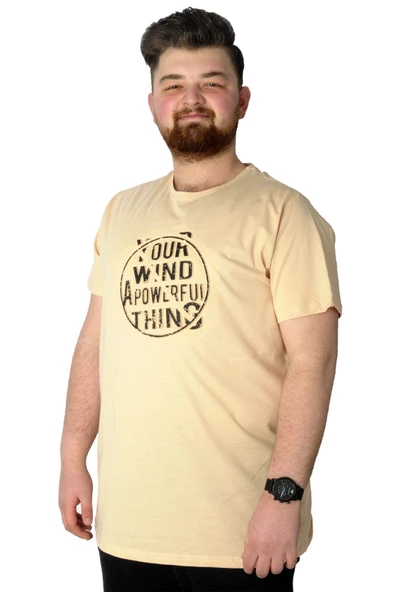 Mode XL Büyük Beden T-Shirt Baskılı Powerfull 22155 Bej ürün görseli 1