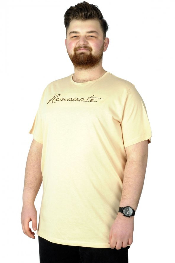Mode XL Büyük Beden T-Shirt Baskılı Renovate 22157 Bej