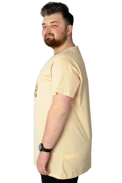 Mode XL Büyük Beden T-Shirt Baskılı Powerfull 22155 Bej - Resim 2