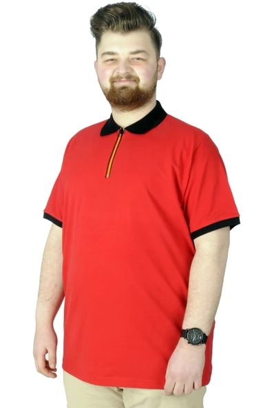 Mode XL Büyük Beden T-Shirt Polo Printed Zipper 22319 Kırmızı ürün görseli 1