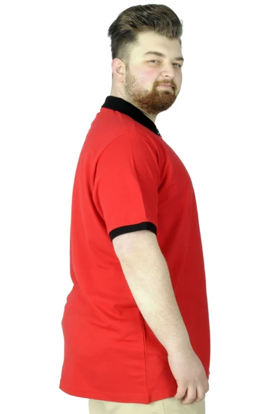Mode XL Büyük Beden T-Shirt Polo Printed Zipper 22319 Kırmızı - Resim 3