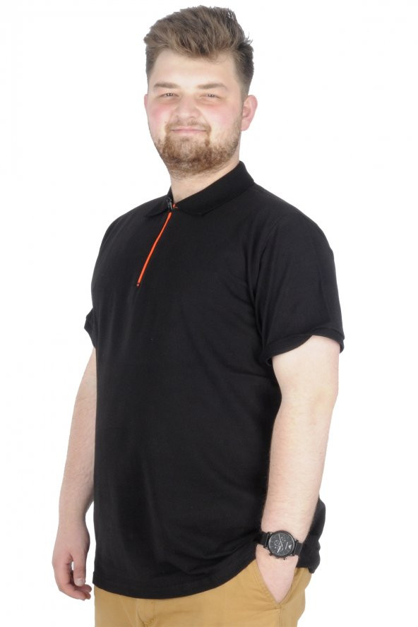 Mode XL Büyük Beden T-Shirt Polo Printed Zipper 22319 Siyah