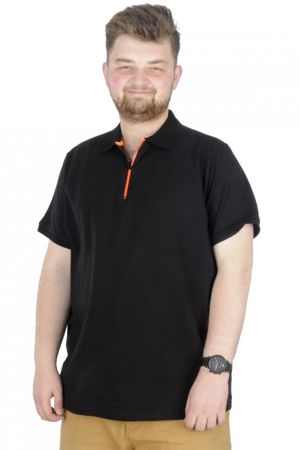 Mode XL Büyük Beden T-Shirt Polo Printed Zipper 22319 Siyah - 2