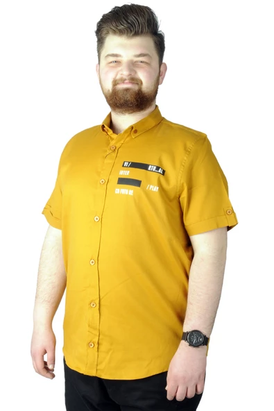 Mode XL Büyük Beden Gömlek Baskılı Play 22365 Hardal
