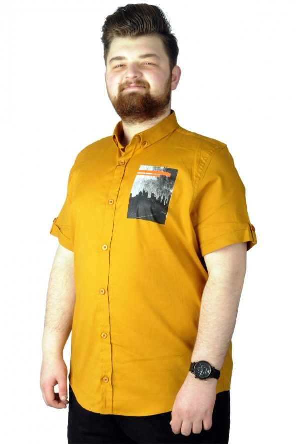 Mode XL Büyük Beden Gömlek Baskılı City 22367 Hardal - 2