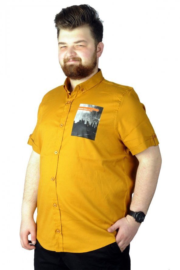 Mode XL Büyük Beden Gömlek Baskılı City 22367 Hardal - 3
