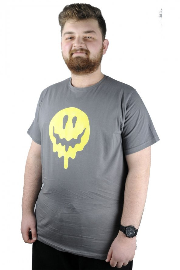 Mode XL Erkek T shirt Bis Yaka Smile 22107 Füme