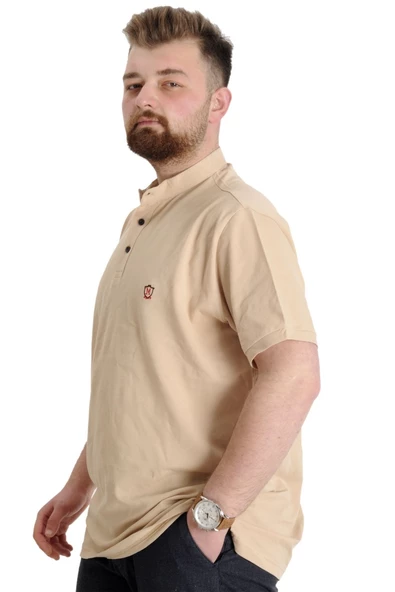 Mode XL Büyük Beden Erkek T-shirt Hakim Yaka MD LOGO 22326 Bej - 3