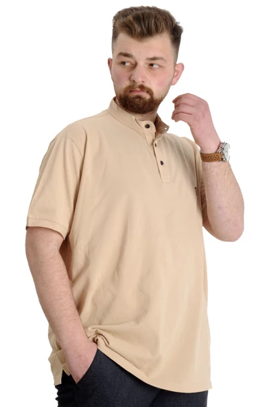 Mode XL Büyük Beden Erkek T-shirt Hakim Yaka MD LOGO 22326 Bej - 2