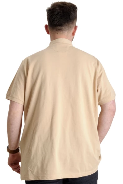 Mode XL Büyük Beden Erkek T-shirt Hakim Yaka MD LOGO 22326 Bej - 4