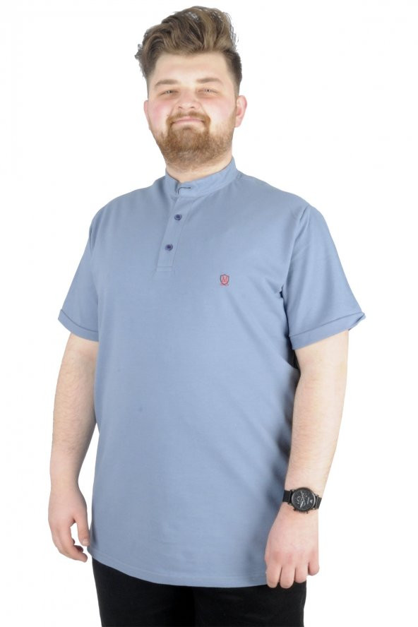 Mode XL Büyük Beden T-Shirt Hakim Yaka MD Logo 22326 Mavi