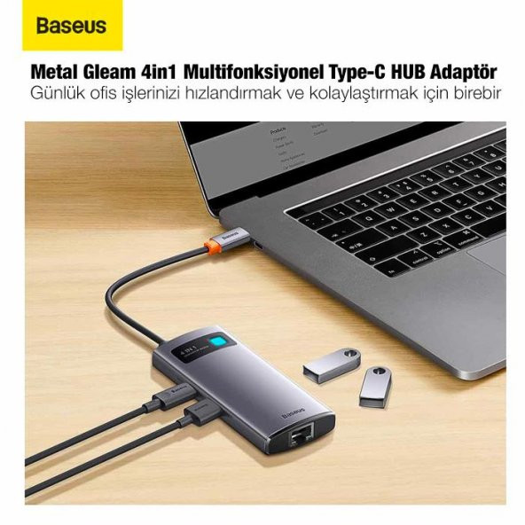 Baseus Type-C Çoklayıcı Dönüştürücü 4in1 100W Type-C HUB RJ45 USB 3.0 Type-C Ethernet Dönüştürücü Hub - 4