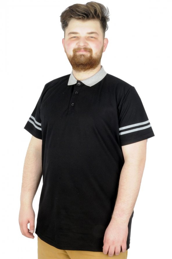Mode XL Büyük Beden T-Shirt Polo Sleeve Striped 22336 Siyah