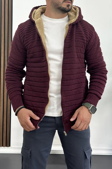 Erkek İçi Kürklü Kapüşonlu Fermuarlı Triko Hırka Bordo T743 - 2