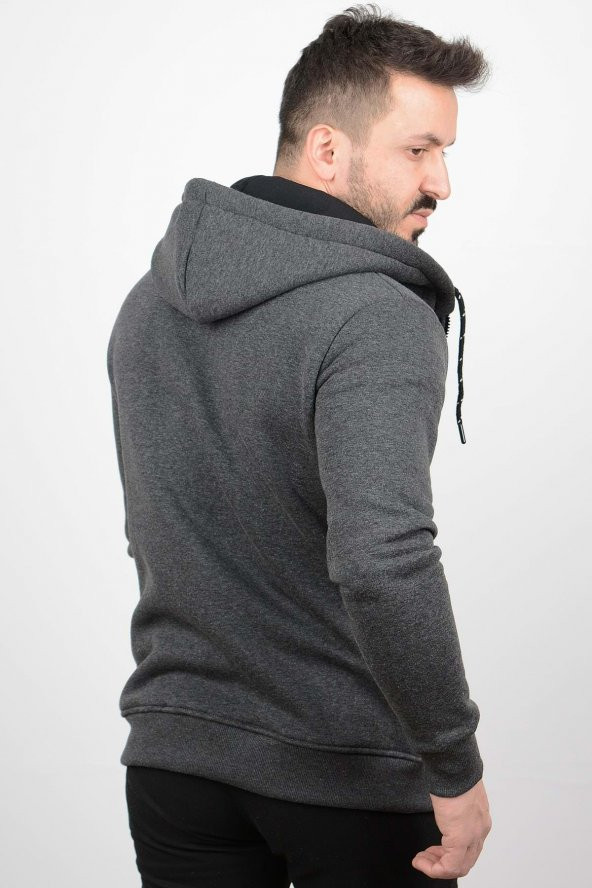 Üç Iplik Şardonlu Pamuklu Fermuarlı Kapüşonlu Sweatshirt Hırka CZN03 - 2