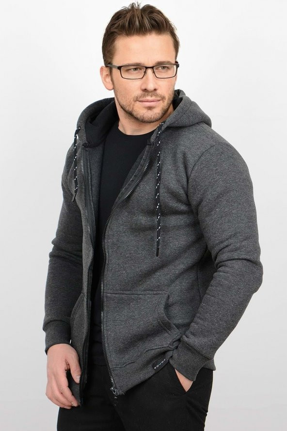 Üç Iplik Şardonlu Pamuklu Fermuarlı Kapüşonlu Sweatshirt Hırka CZN03 - 10