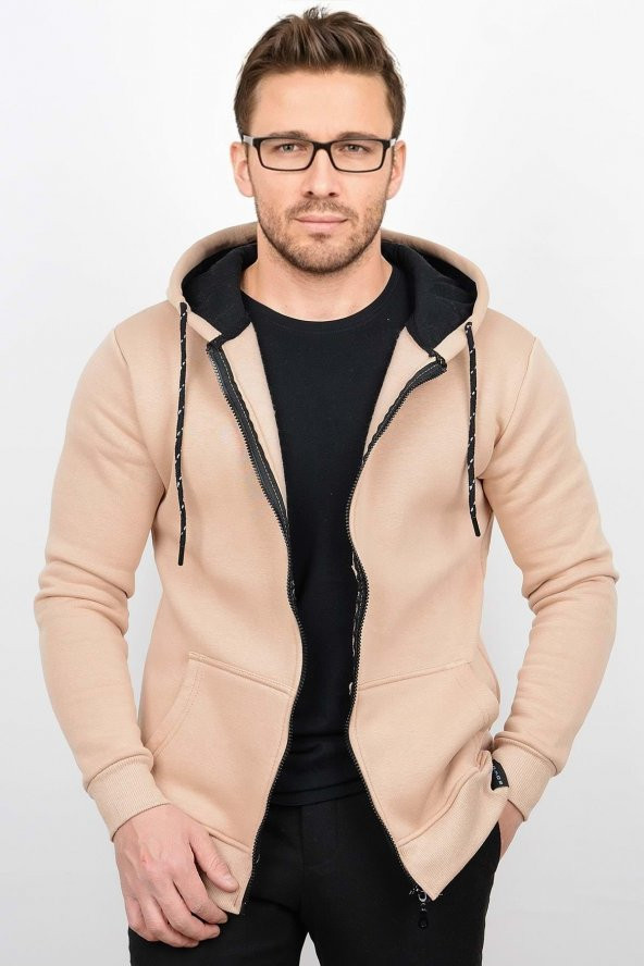 Üç Iplik Şardonlu Pamuklu Fermuarlı Kapüşonlu Sweatshirt Hırka CZN03 - 12