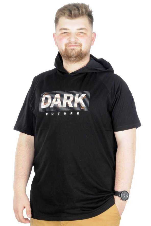 Mode XL Büyük Beden T-Shirt Kapşonlu Dark 22176 Siyah