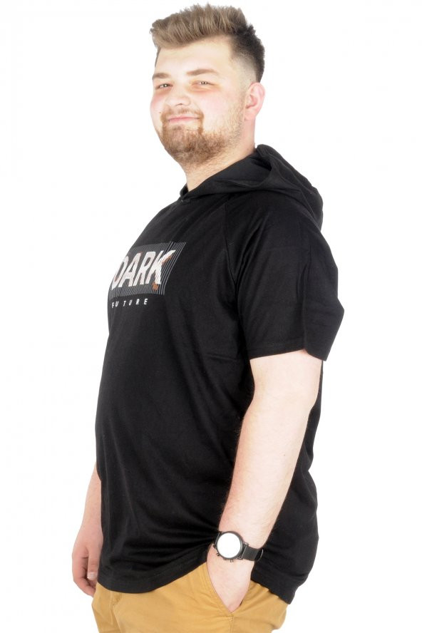 Mode XL Büyük Beden T-Shirt Kapşonlu Dark 22176 Siyah - 2