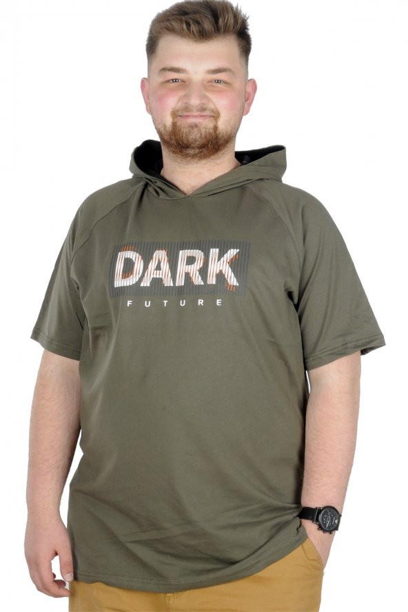 Mode XL Büyük Beden T-Shirt Kapşonlu Dark 22176 Haki